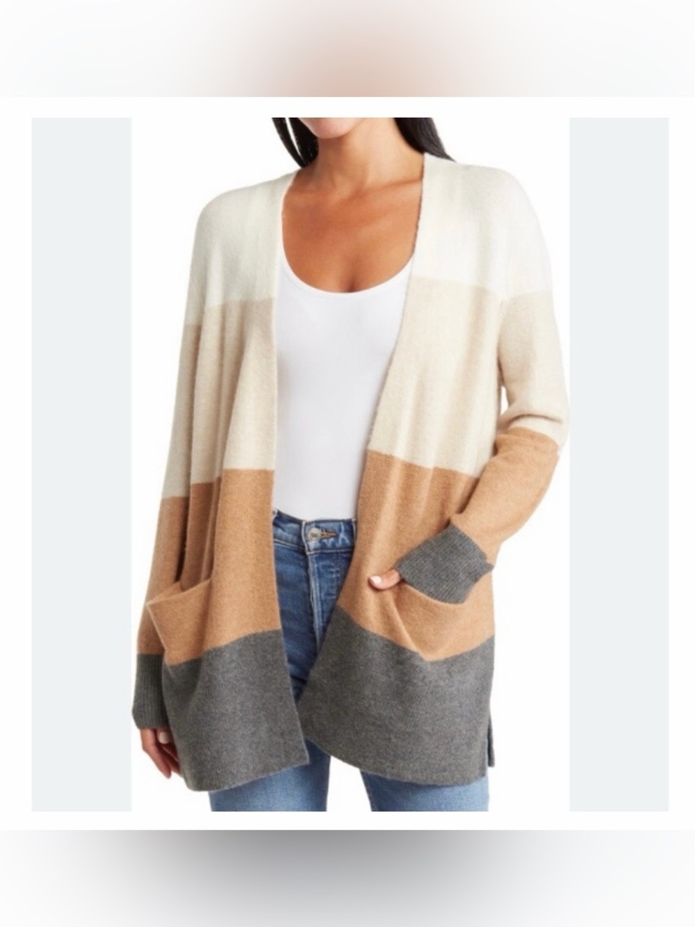 Madewell Cream Wool Alpaca Blend Stripe Open-Front Walker Cardigan Size M